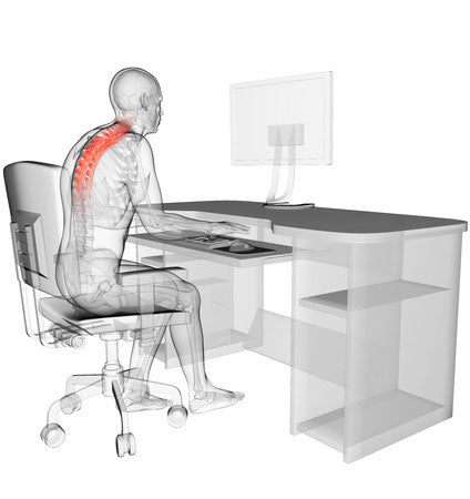 3D computegrafika asztalnál ülő férfi pirossal jelölve a gerince